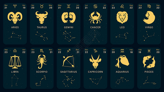八字运势带图标 日期 星星和符号的星座运势卡插画