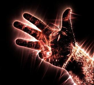 带有的发光人类男性手的 3D 插图人手手臂光环活力手指外汇环境艺术品生物学释放背景图片