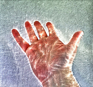 带有的发光人类男性手的 3D 插图打印科学手指释放紫色电气活力外汇艺术品脚印背景图片