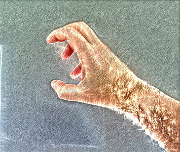 带有的发光人类男性手的 3D 插图生物学外汇脚印运动释放电气艺术品手指紫色蓝色背景图片