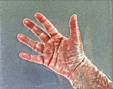 带有的发光人类男性手的 3D 插图环境手臂活力蓝色艺术品打印光环人手释放辉光背景图片