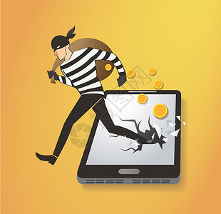 贼小偷黑客在智能手机上偷钱垃圾邮件电话刑事互联网电脑上网男性网络犯罪面具设计图片