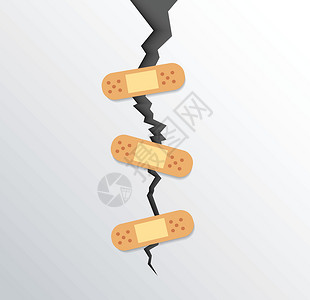 石膏洞地震后在地面裂缝上粘贴石膏表面上的裂缝情况治疗损害绷带药品碰撞灾难伤口墙纸环境插画
