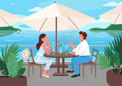 阳台海朋友们在海滨度假村的咖啡馆吃早餐平面彩色矢量图插画