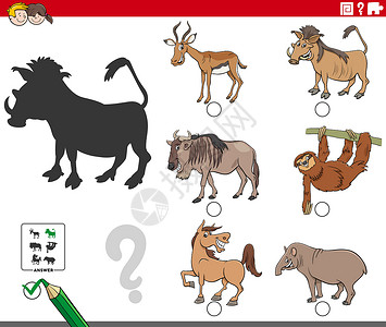 祛疣具有卡通动物角色的阴影任务乐趣疣猪游戏活动孩子们树懒幼儿园绘画元素角马设计图片