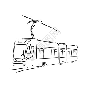手绘火车素材电车的孤立的向量例证 城市公共交通 手绘线性涂鸦水墨素描 白色背景上的黑色剪影 它制作图案电车矢量速写艺术机车车辆车站插图速度草背景