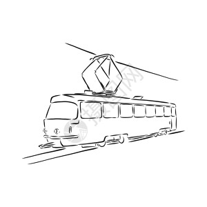 火车素描素材电车的孤立的向量例证 城市公共交通 手绘线性涂鸦水墨素描 白色背景上的黑色剪影 它制作图案电车矢量速写标识机车机器车站铁路运输民背景
