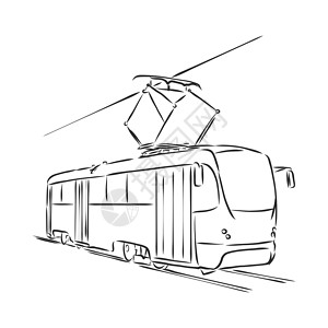 火车素描素材电车的孤立的向量例证 城市公共交通 手绘线性涂鸦水墨素描 白色背景上的黑色剪影 它制作图案电车矢量速写运输机器民众标识草图窗户速背景