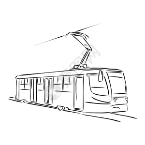 手绘火车素材电车的孤立的向量例证 城市公共交通 手绘线性涂鸦水墨素描 白色背景上的黑色剪影 它制作图案电车矢量速写铁路民众艺术乘客草图绘画车背景