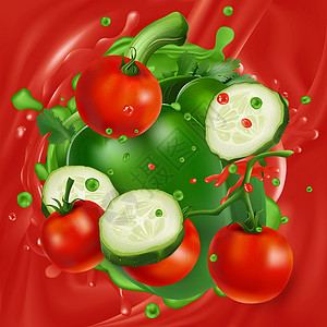 西红柿蔬菜果汁蔬菜汁背景中的西红柿黄瓜和胡椒设计图片