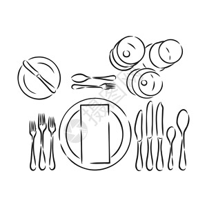 银器制作矢量手绘插图与表设置集 草图 复古插画 餐桌套装餐具矢量速写它制作图案服务艺术晚餐金属环境用具工具厨房餐厅刀具插画