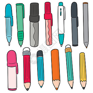 一套钢笔和 penci艺术中风插图风格收藏补给品卡通片自动铅笔教育线条插画