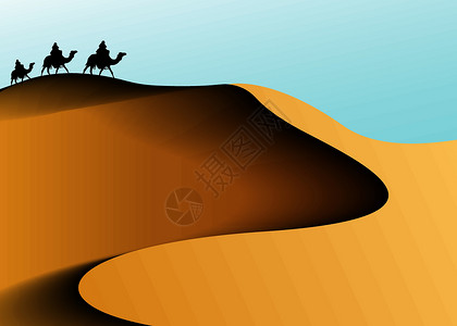 两个驼峰骆驼撒哈拉沙漠动画景观大篷车的骆驼和沙漠波浪 非洲沙漠中的旗帜沙丘 矢量图室外背景设计图片