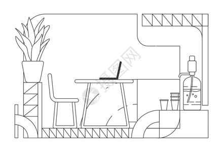 家庭办公室室内设计大纲矢量图 当代公司老板工作场所轮廓构成白色背景 饮水机电脑桌上简约风格画背景图片