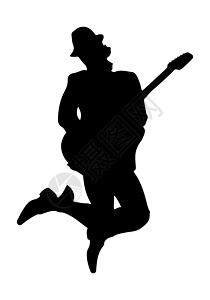 演奏台一位音乐家在跳跃中弹吉他的剪影 简单的设计插画