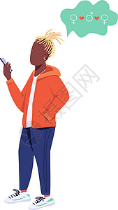 双性恋带有智能手机平面颜色矢量不露面特征的年轻人插画