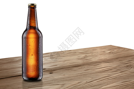 木制桌上的啤酒瓶拉丝光泽度小样棕色桌子薄雾白色啤酒背景图片