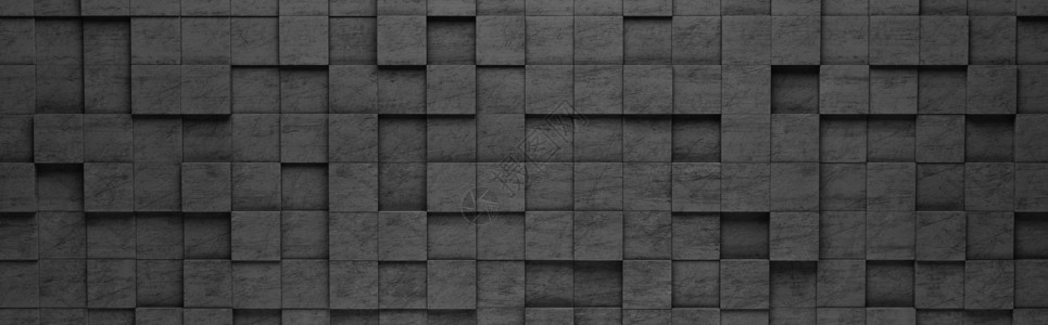 黑色方块 3D 图案背景马赛克渲染全景横幅多边形石膏高度插图立方体瓷砖背景图片