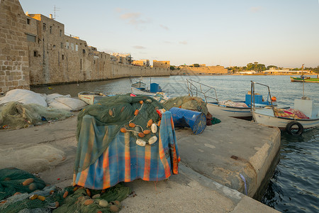 以色列游学网Acre海墙港口地标钓鱼历史旅行英亩石头城市建筑学全景背景