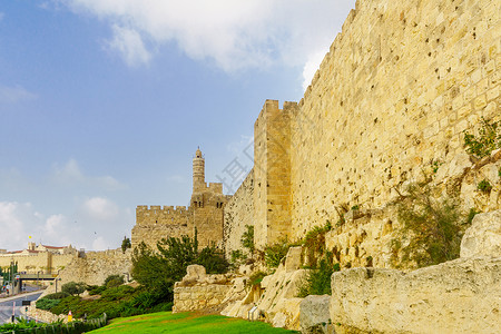 耶路撒冷旧城墙和大卫塔 耶路撒冷旅行景观城市旅游石头历史性宗教长廊地标堡垒背景图片