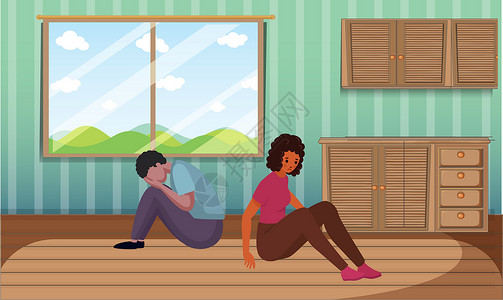 一对夫妇在家里互相争斗后 坐在地上坐着乐趣女士拥抱手指姿势夫妻女孩男人日落公园设计图片