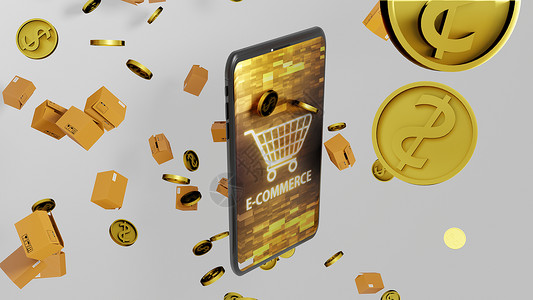 动态手机素材8K 电子商务 3D 渲染智能手机包裹和金币随着购物车在屏幕版本上的抽象数字显示上掉落销售数字化图形营销地面店铺金融投资转型商业背景