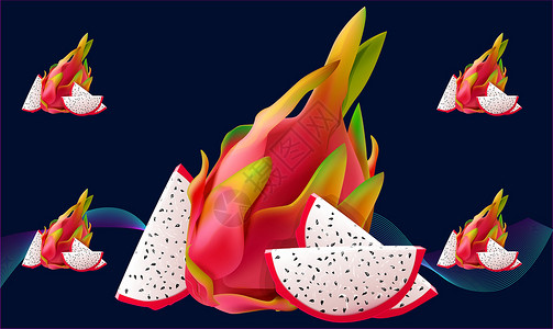 火龙果片抽象背景上的现实火龙果插图菠萝异国热带情调贴纸宏观果汁水果季节插画