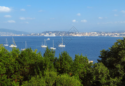 Cannes和海湾蓝色海岸天蓝色海景游艇海滩绿色背景图片