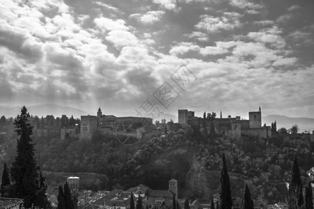 黑白系柏树格拉纳达     黑白两色的Alhambra宫殿和堡垒建筑群背景