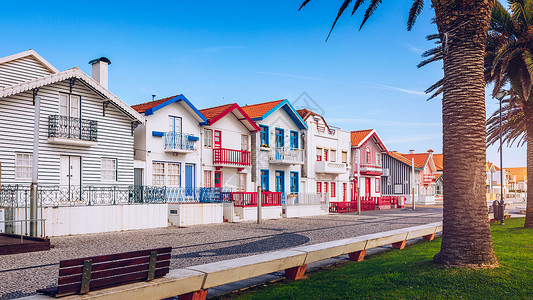 在葡萄牙阿维罗的科斯塔诺瓦街上建筑学海滩城市新星房子目的地木头花坛蓝色景观背景图片