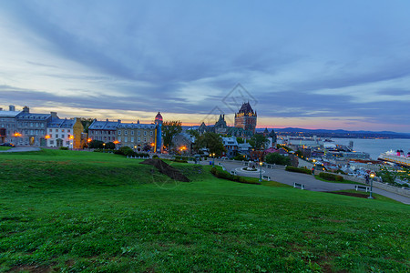 魁北克市日落视图港口爬坡酒店历史城市景观阳台历史性堡垒吸引力背景