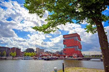 比利时安特卫普Stroom博物馆红色反射建筑学建筑港口地标城市扫帚背景