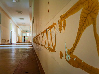 快讯旧弃置医院走廊墙上的旧胶水背景