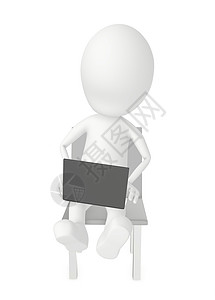 坐在柴上使用笔记本电脑的 3d 角色匿名渲染白色卡通片字符插图立体人背景图片