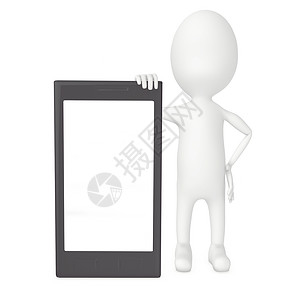 展示智能手机的 3d 角色屏幕插图电子男人空白广告技术细胞白色背景图片