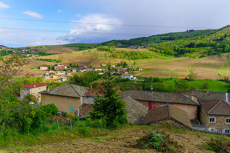 若谷草堂在Beaujolais与Vauxe村的葡萄园和农村场景风景教会旅游藤蔓农场场地国家爬坡旅行背景