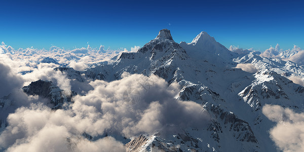 计算机生成了3D插图 在云层上分布着山地全景蓝色天气季节地形空气地平线冰川探索背包3d背景图片