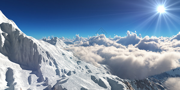 计算机生成了3D插图 在云层上分布着山地全景3d季节天气冰川山脉游客空气背包渲染旅游背景图片