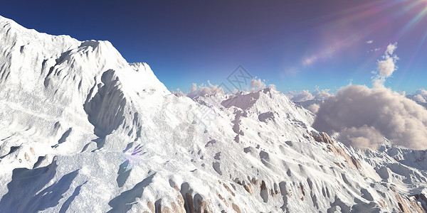 计算机生成了3D插图 在云层上分布着山地全景天气顶峰高山3d天线渲染成就旅行地形旅游背景图片