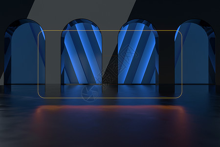 具有创意几何 decoration3d 渲染的发光框架辉光几何学建造艺术展览奢华插图蓝色陈列室俱乐部背景图片