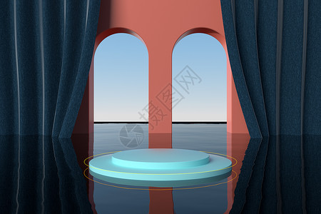 水蓝色窗帘具有创意几何装饰的圆形讲台3d 渲染几何学窗户插图推介会展览艺术平台陈列室奢华柱子背景