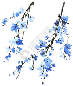 蓝色水彩花水彩花树花瓣艺术手工绘画草地蓝色热带插图花园国画背景