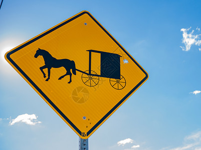 马和马车兰开斯特县阿米什传统马匹和臭马路牌照片运输马车黄色线路太阳耀斑宗教土地电力蓝色背景