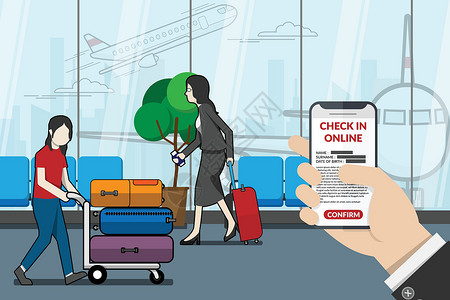 行李机场商务人士作为乘客使用应用程序在机场在线办理登机手续 旅游概念的技术 矢量插画平面设计旅行商业休息室插图男人运输队列互联网行李插画插画
