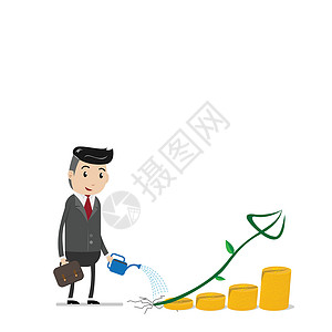 财务增长成功理念与快乐的商务人士浇水可以浇在金币上作为阶梯从开始到成功 成长成功过程的企业概念背景图片