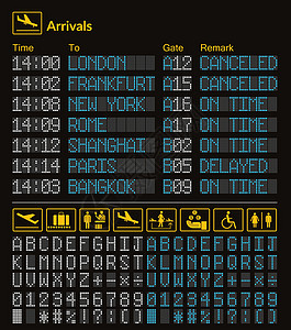 航班时间逼真的 LED 数字板机场模板 矢量 3D 白色和蓝色 LED 数字字体 在深色背景 eps 上带有字母和数字 黄色机场信息标志设计图片