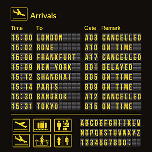 蔡司矢量机场板隔离 现实翻转记分牌机场模板 带有字母和数字的黑色 3d 机场板 深色背景上的模拟机场板字体 目的地屏幕板 ep设计图片