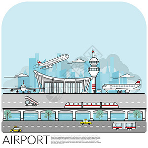歼10飞机繁忙机场航站楼的简单矢量图解 飞机起飞着陆和停车 包括机场周围的交通 旅行概念平面设计 EPS10 矢量图插画