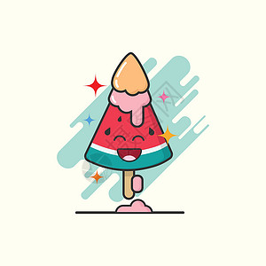分手吧表情白色背景下西瓜形状的冰淇淋吧的可爱卡通 脸上带着情绪快乐的表情 冰淇淋线插图背景 创意粉彩概念插画
