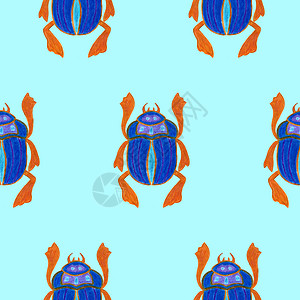 孤立在蓝色背景上的圣甲虫 与 Bug 昆虫甲虫的无缝模式 包装纸设计封面贺卡墙纸面料动物生物学插图纺织品装饰艺术神话织物风格野生背景图片